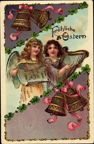 Ak Glückwunsch Ostern, Engel, Harfe, Glocken