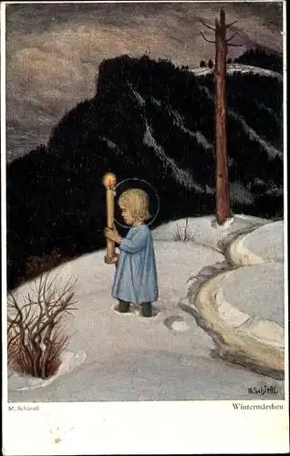 Künstler Ak Schiestl, Matthäus, Wintermärchen, Kind mit Kerze im Schnee