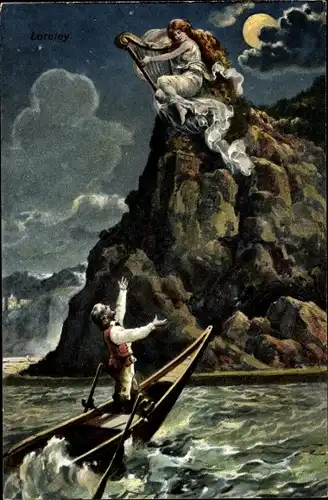 Ak Sankt Goarshausen am Rhein, Loreley mit Harfe, Mann im Ruderboot, Mond