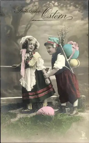 Ak Glückwunsch Ostern, Kinder in Tracht, Ostereier, Weidenkätzchen