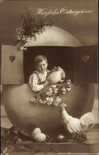 Ak Glückwunsch Ostern, Junge im Eierhaus, Ostereier, Blumen, Hahn