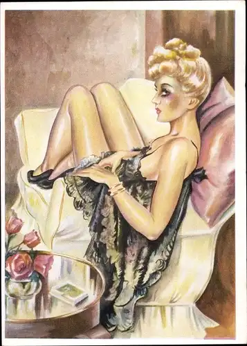 Künstler Ak Kelling, Margot, Frau in schwarzem Negligé auf einem Sofa liegend