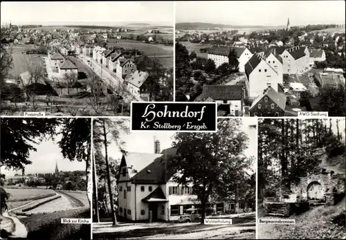 Ak Hohndorf im Erzgebirge, Poststraße, AWG Siedlung, Kirche, Walderholung, Bergmannsbrunnen