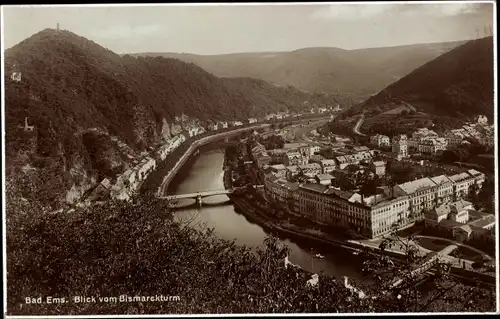 Ak Bad Ems an der Lahn, Blick vom Bismarckturm, Brücke, Panorama