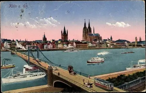 Ak Köln am Rhein, Dom, Dampfer, Brücke, Straßenbahn