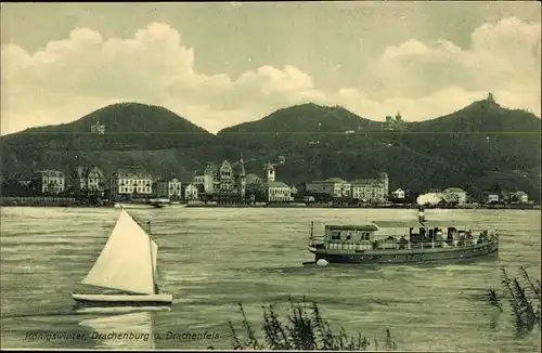 Ak Königswinter am Rhein, Drachenfels, Drachenburg, Uferpartie, Segelboot, Dampfer