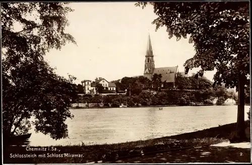 Ak Chemnitz in Sachsen, Schlossteich mit Schloss Miramar