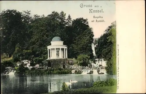 Ak Kassel in Hessen, Tempelchen mit Aquadukt, Schwäne