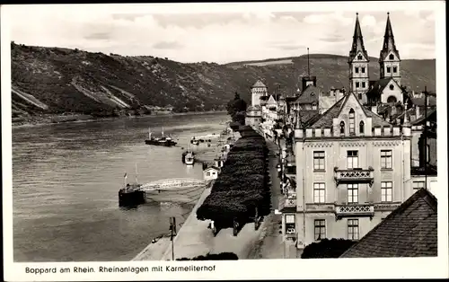 Ak Boppard am Rhein, Rheinanlagen mit Karmeliterhof, Schiff
