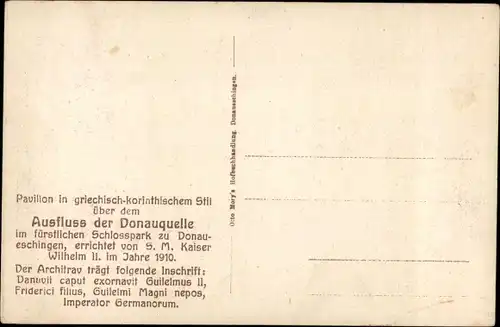 Ak Donaueschingen im Schwarzwald, Pavillon über dem Ausfluss der Donauquelle im Schlosspark