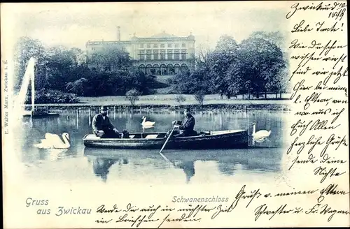 Ak Zwickau in Sachsen, Schwanenschloss, Ruderboot