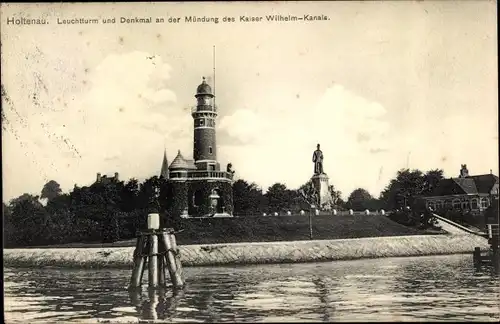 Ak Holtenau Kiel, Leuchtturm und Denkmal an der Mündung des Kaiser Wilhelm Kanals