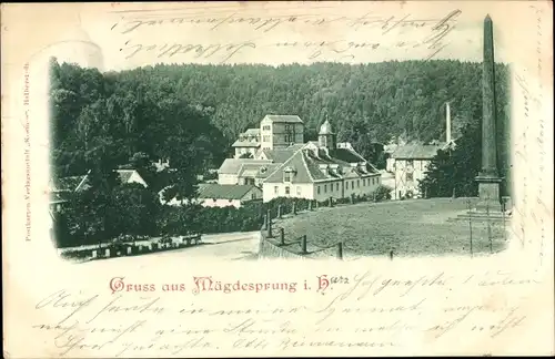 Ak Mägdesprung Harzgerode am Harz, Teilansicht vom Ort, Wald, Denkmal