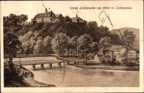 Ak Lichtenwalde Niederwiesa, Schloss Lichtenwalde, Mühle im Zschopautale