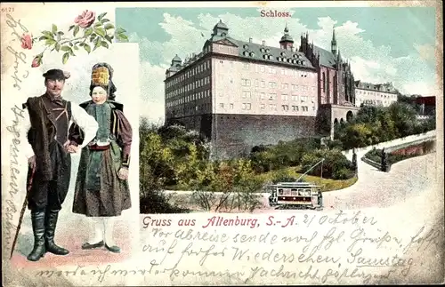 Ak Altenburg in Thüringen, Schloss, Straßenbahn, Paar in Tracht
