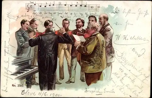 Litho Männerchor und ihr Dirigent, Musikunterricht, Klavier