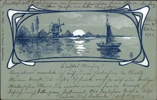 Jugendstil Künstler Litho Landschaft mit Segelboot auf dem Wasser und Windmühle