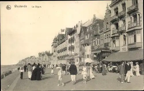 Ak Westende Westflandern, La Digue, Strandpromenade, Hotel, Geschäftshäuser, Passanten
