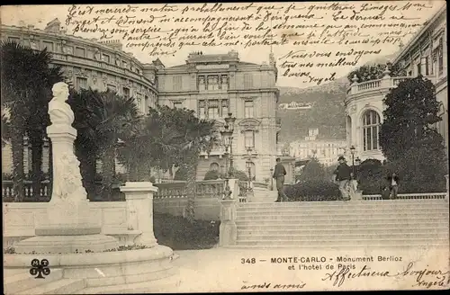 Ak Monte Carlo Monaco, Monument Berlioz et l'hotel de Paris