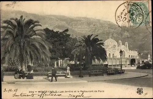 Ak Monte Carlo Monaco, Les Jardins et le Restaurant de Paris