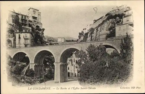 Ak Monte Carlo Monaco, La Condamine, Le Ravin et l'Eglise Sainte Devote