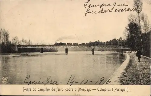 Ak Coimbra Portugal, Ponte do caminho de ferro sobre o Mondego
