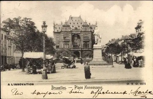 Ak Bruxelles Brüssel, Place Anneessens, Denkmal, Marktstände
