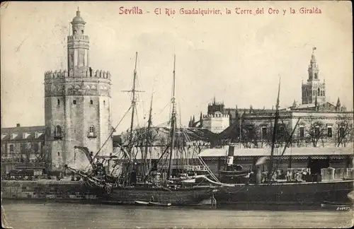 Ak Sevilla Andalusien, El Rio Guadalquivier, la Torre del Oro y la Garalda