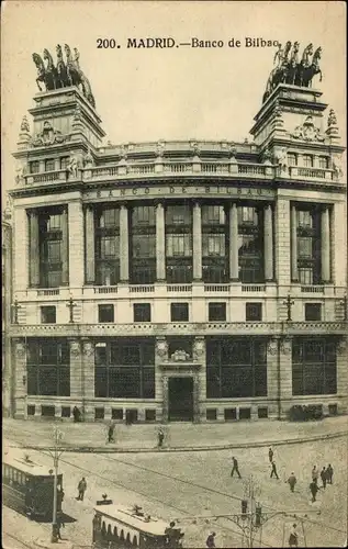 Ak Madrid Spanien, Banco de Bilbao, Straßenbahn, Bank