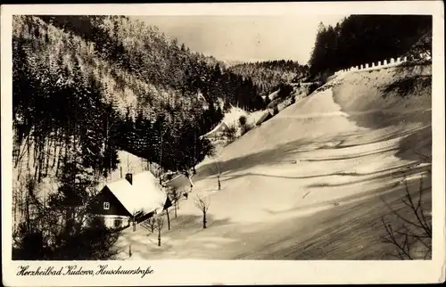 Ak Kudowa Zdrój Bad Kudowa Schlesien, Heuscheuerstraße, Winter