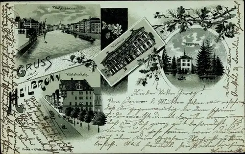 Mondschein Litho Heilbronn am Neckar, Hafenpartie, Käthchenhaus