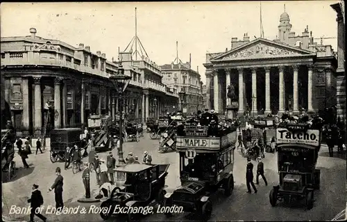 Ak London City England, Bank of England and Royal Exchange, Automobile