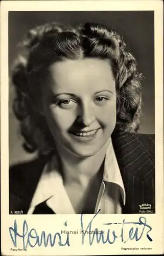 Ak Schauspielerin Hansi Knoteck, Portrait, Ross Verlag A 3327/1, Autogramm
