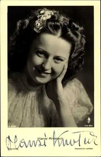 Ak Schauspielerin Hansi Knoteck, Portrait, Blumen im Haar, Autogramm