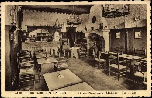 Ak Malines Flandern Antwerpen, Auberge du Carillon d'Argent, Festsaal