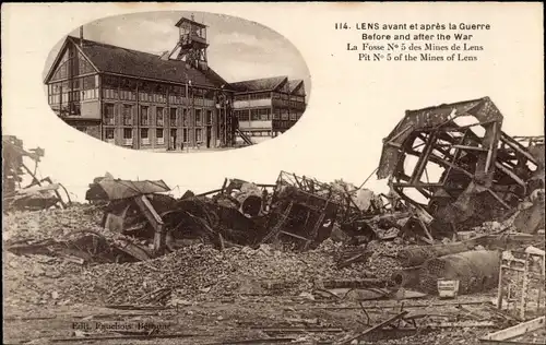 Ak Lens Pas de Calais, Avant et apres la Guerre, La Fosse No 5 des Mines, I. WK