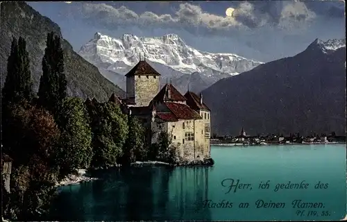 Mondschein Ak Chillon Montreux Kanton Waadt, Schloss