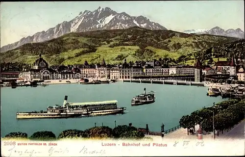 Ak Luzern Stadt Schweiz, Bahnhof und Pilatus
