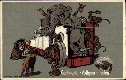 Ak Continental Vollgummireifen, Automobil, Elefant, Löwen, Giraffen, Affen, Reklame