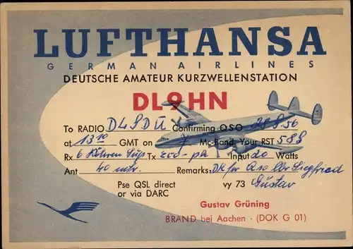 Ak Lufthansa German Airlines, Deutsche Amateur Kurzwellenstation, QSL Funkerkarte DL9HN