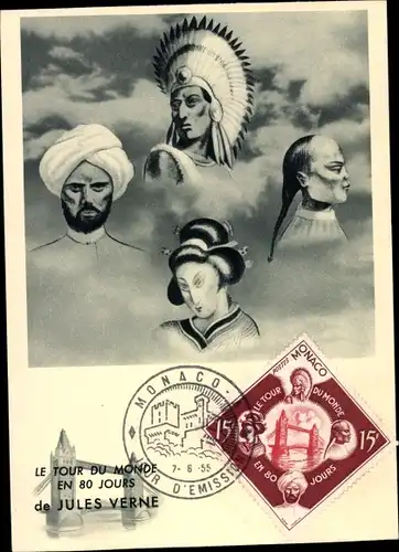 Maximum Briefmarken Ak Monaco, Le Tour du Monde en 80 Jours, Jules Verne, Jour d'Emission 1955