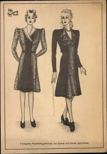 Ak Damenmode, Schnittmuster ABC Schnitt, elegante Nachmittagskleider aus Spitze und Seide gearbeitet