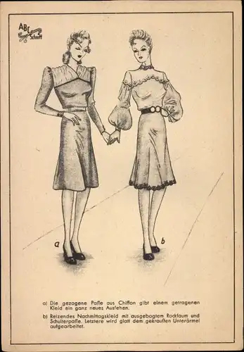 Ak Damenmode, Schnittmuster ABC Schnitt, Kleid mit gezogener Passe aus Chiffon, Nachmittagskleid