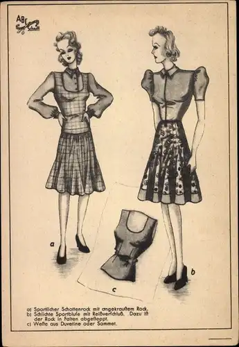 Ak Damenmode, Schnittmuster ABC Schnitt, sportlicher Schottenrock, Sportbluse, Weste aus Duvetine