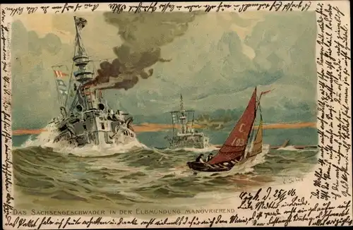 Litho Deutsches Kriegsschiff, Sachsengeschwader in der Elbmündung manövrierend, Kaiserliche Marine