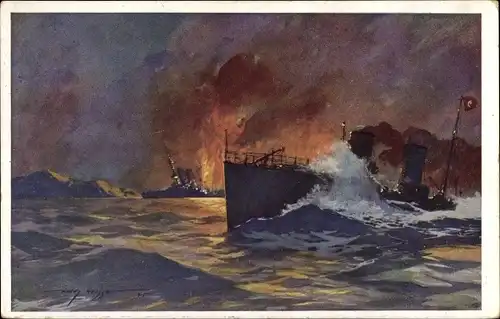 Künstler Ak Heusser, Harry, HMS Goliath, Torpedierung vor den Dardanellen, Türk. Torpedoboot