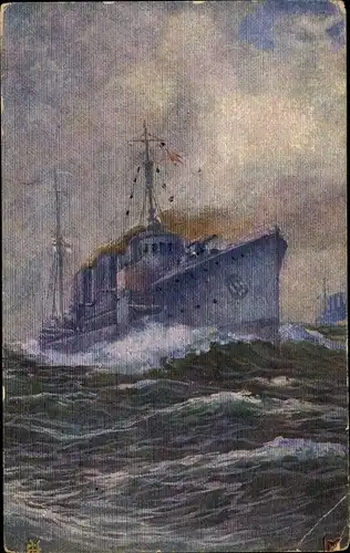 Künstler Ak Matthiessen, Karl, Deutsches Kriegsschiff Zerstörer klar zum Gefecht, Kaiserliche Marine