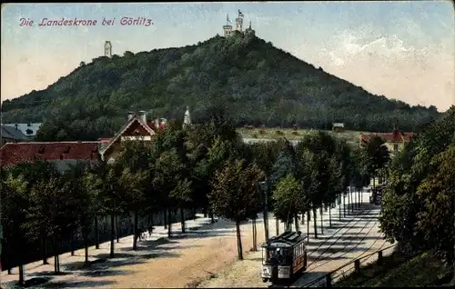 Ak Görlitz in der Lausitz, Landeskrone, Straßenbahn