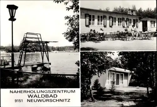 Ak Neuwürschnitz Oelsnitz Erzgebirge, Waldbad, Sprungturm, HO-Ausflugstätte, Bungalow unter Birken