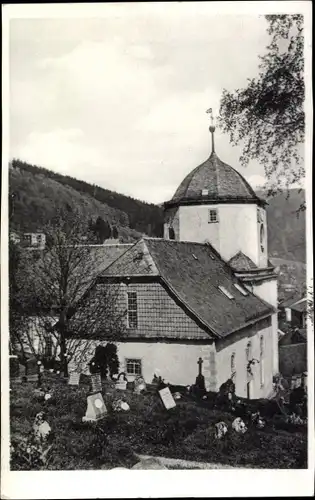 Ak Ruhla in Thüringen, St. Concordia Kirche mit Friedhof